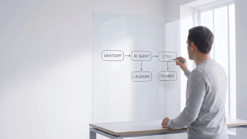 A man draws an automation on a glass wall: WhatsApp, AI agent, CRM, calendar, payment.