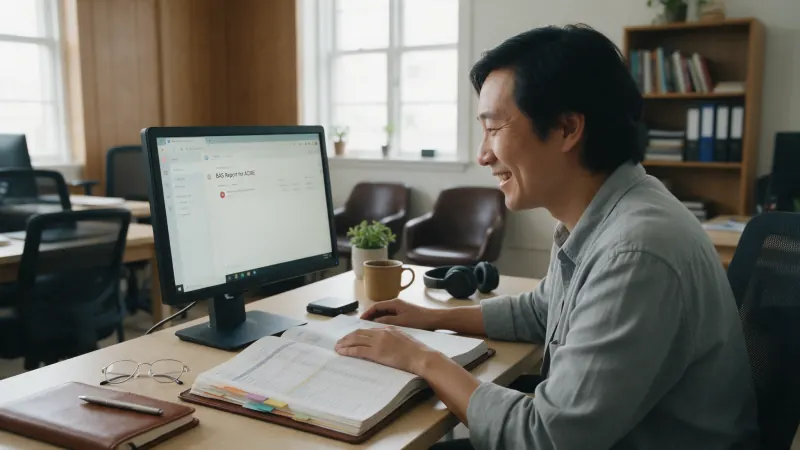 An accountant at a desk, a BAS report open on screen beside a paper ledger.