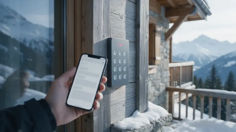 A hand holds a phone showing an email in front of the keypad lock on a snow-covered chalet door.