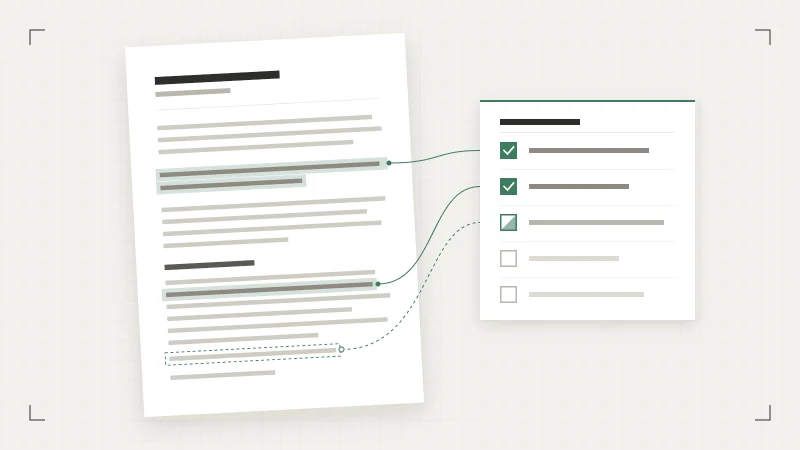 Une page de document avec quelques lignes surlignées en vert, reliées à une courte check-list : deux cases cochées, une à moitié, deux vides.