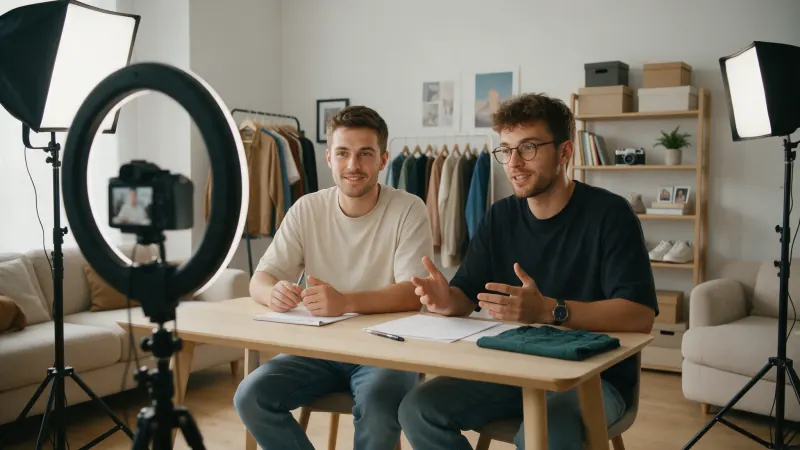 Two people recording a video at a desk, ring light and camera in front of them.