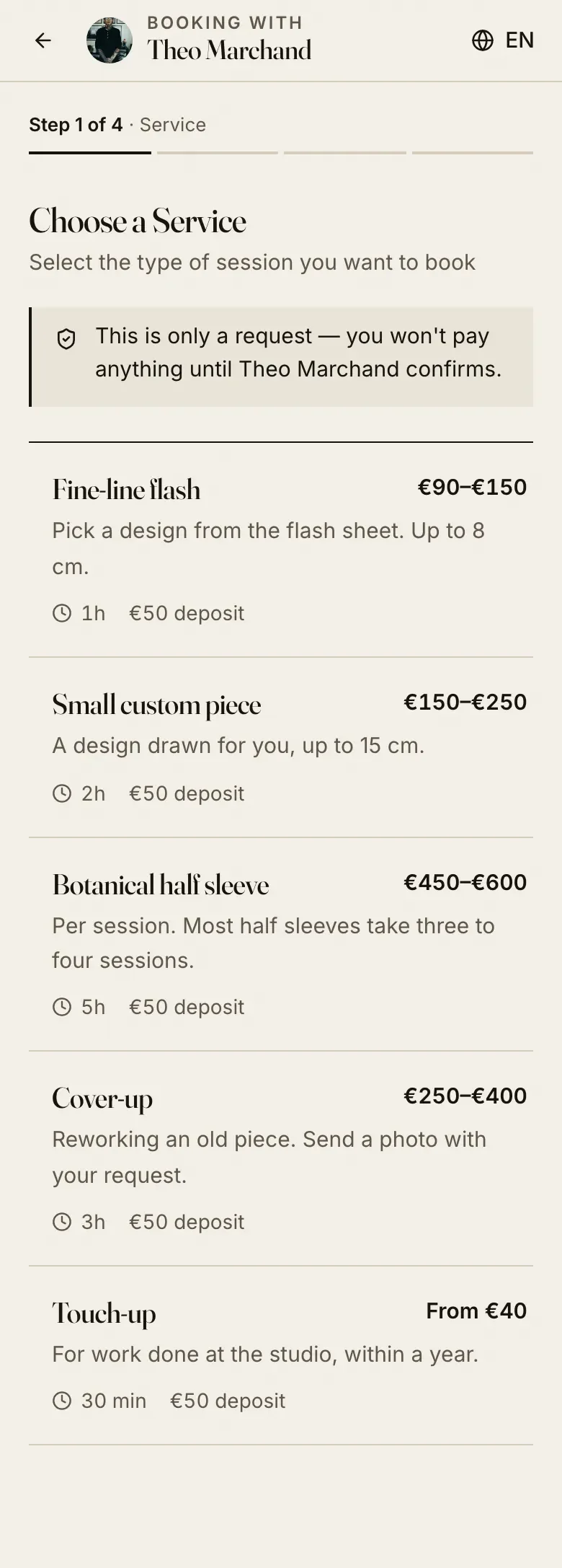The new first booking step on a phone: Step 1 of 4, the artist's name at the top, and the services listed on paper with their prices and deposits.