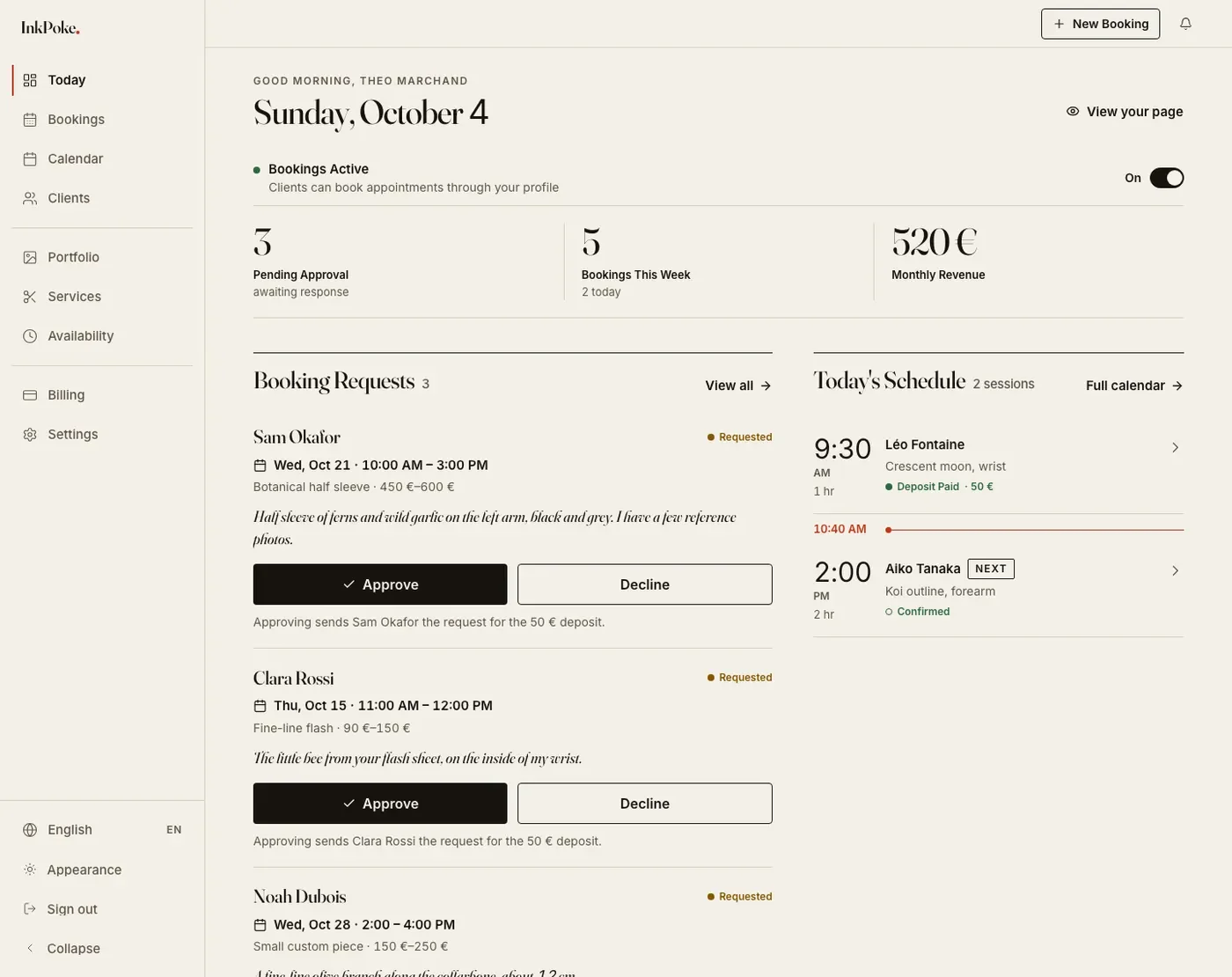The new Today screen on paper: the date as a headline, three figures, then the pending booking requests with Approve and Decline buttons.