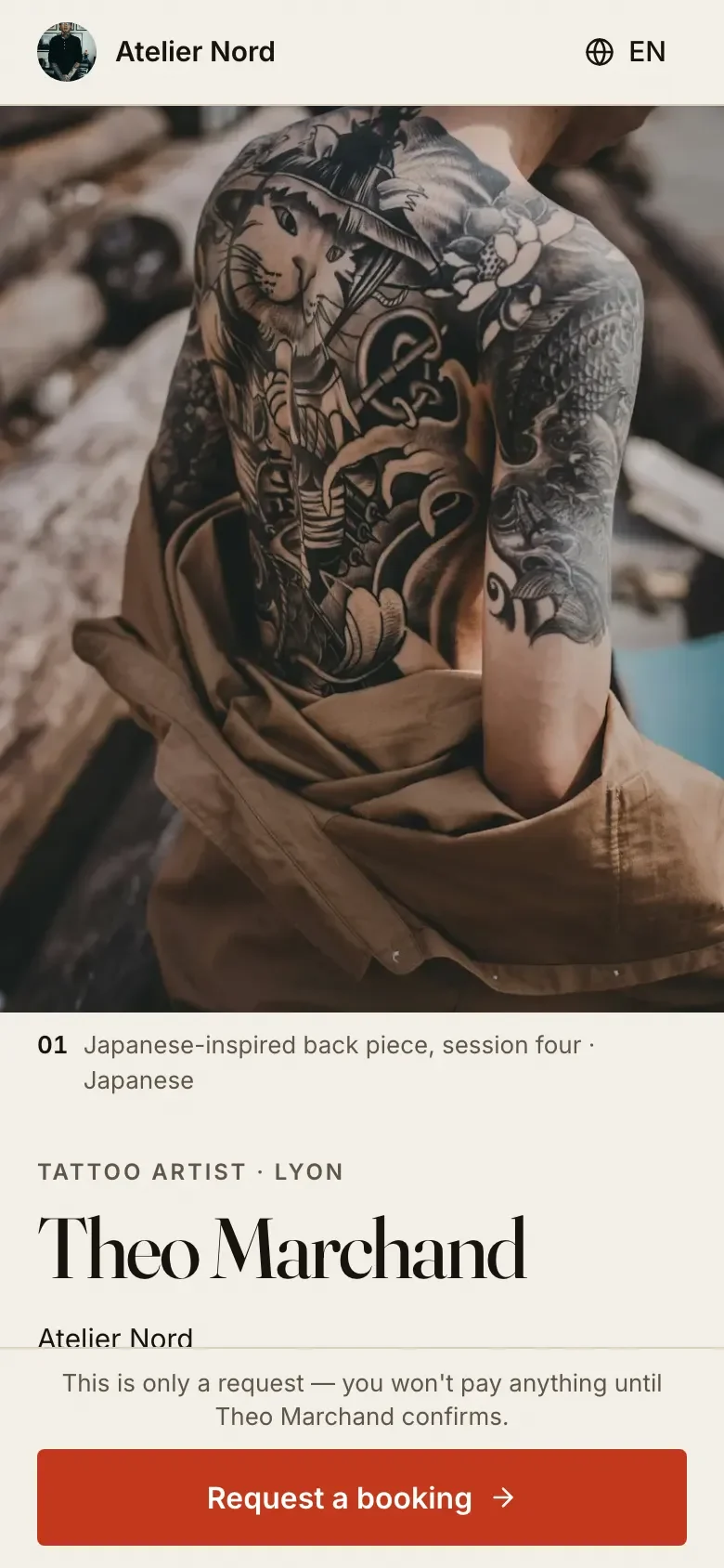 An artist's public InkPoke page on a phone: a large tattoo photo at the top, the artist's name in a serif typeface, and a red Request a booking button at the bottom.