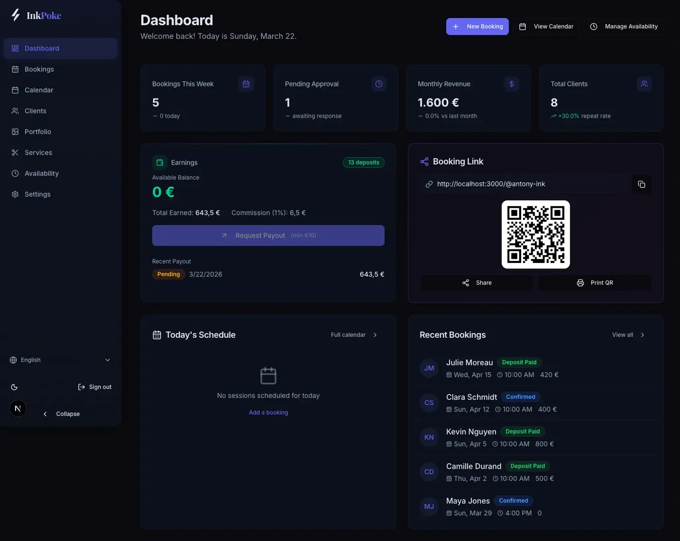 The old InkPoke dashboard: a dark indigo screen with four statistic cards, an earnings panel, a QR code and a list of recent bookings.