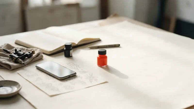 A smartphone lying on a sheet of fine-line tattoo flash, beside a black and a vermilion ink bottle, a sketchbook and a tattoo machine.