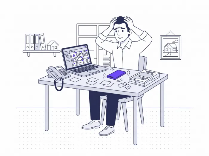 Un agent immobilier à son bureau, les mains sur la tête, débordé par les messages, les alertes du CRM et les appels.