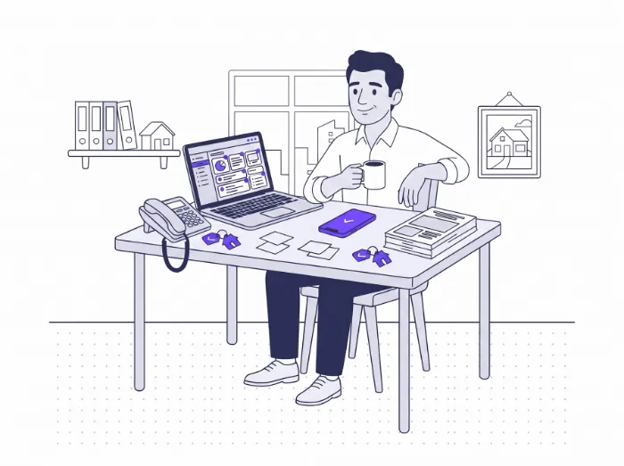 Le même agent, détendu avec un café, pendant que son ordinateur et son téléphone affichent les tâches terminées.